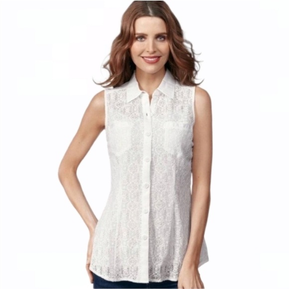 CAbi White Crochet Lace Button Down Sheer Lace Blouse Size XS - Picture 1 of 9